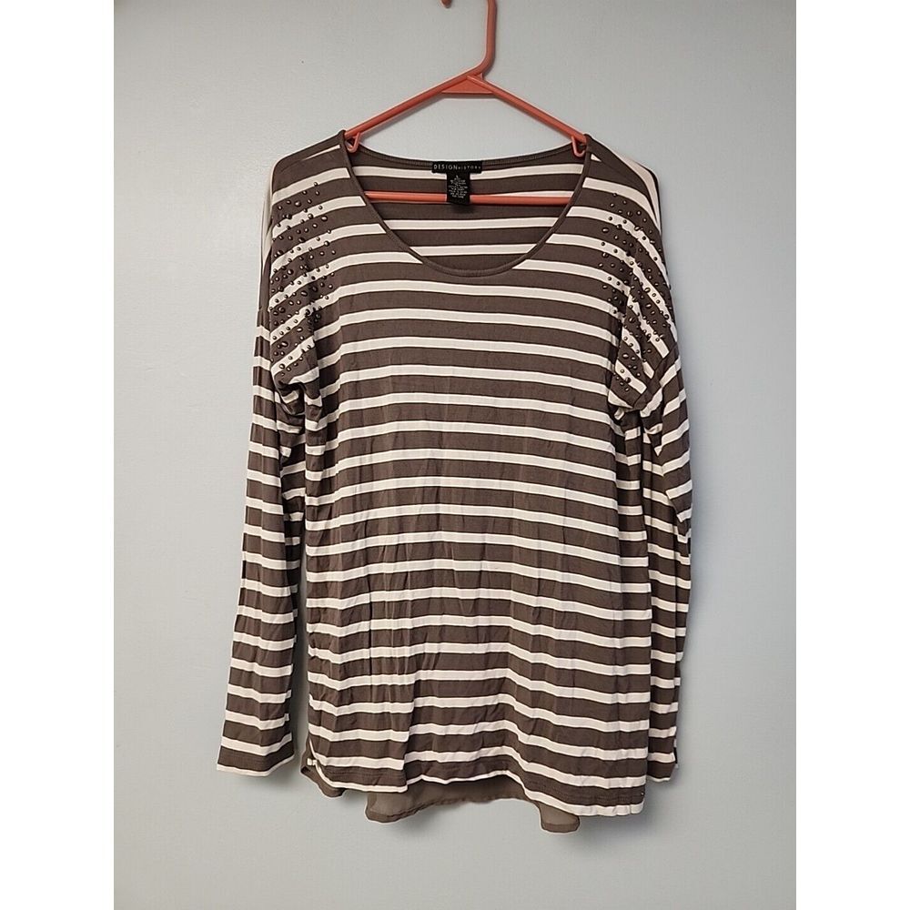 Design History Womens L Brown Pullover Long Sleeve Top Studded Sheer‎ Tail shirt